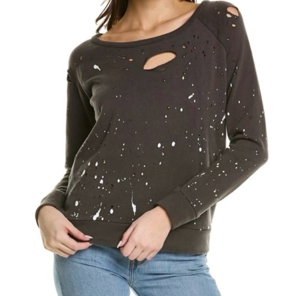 Chaser Tops - Chaser charcoal paint splatter and stud distressed sweatshirt w holes
Aisle “i